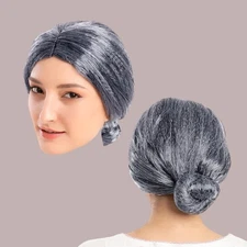 Old Lady Costume Wig - Granny Bun Wig Costume Accessories - Charcoal Gray