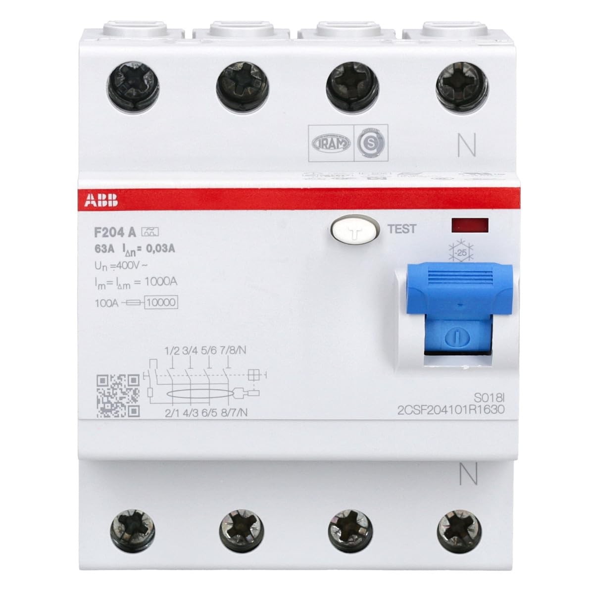 ABB F204 A-63/0,03 FI-Schutzschalter-4-polig, 63 A 30 mA, Typ A, 2CSF204101R1630