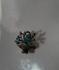 Vintage Metal Basket of Blue Porcelain Flowers Scarf Clip