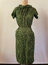 Vintage 1960 Rayon Atomic Novelty Print Midi Wiggle Dress Pin UP Rockabilly Sm