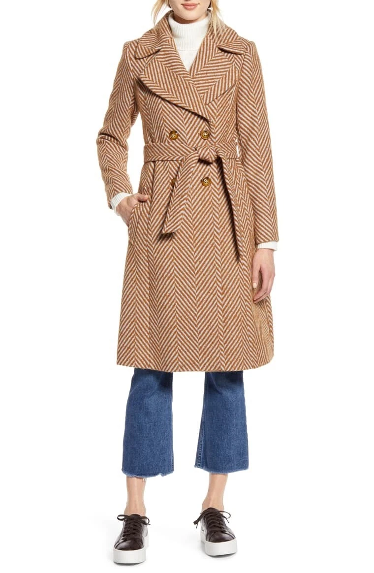 NEW Halogen x Atlantic Pacific Belted Herringbone Coat Camel