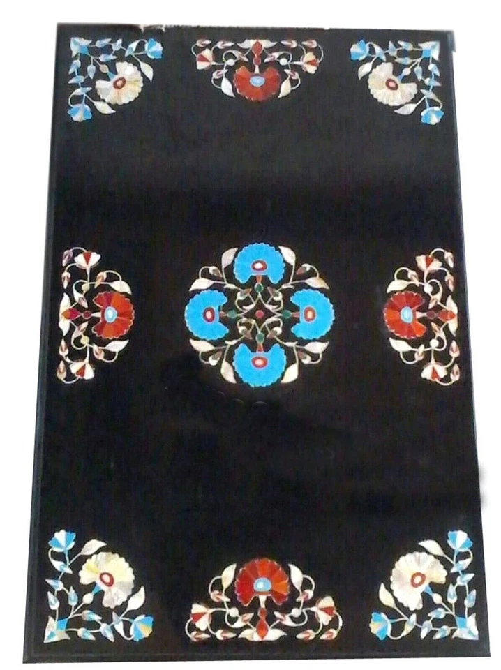 Black Marble Coffee Table Top Semi Precious Stone Inlay Work Hallway Side Table - Image 4 of 4