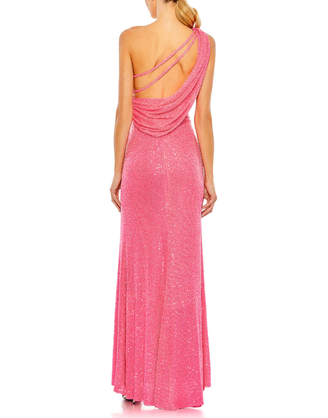【Mac Duggal】リボンワンショルダーサイドスリットガウン Mac Duggal SEQUINED ONE SHOULDER DRAPED BACK GOWN PINK SIZE