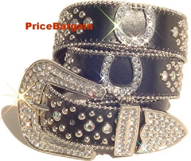 Ladies Western Rhinestone Horseshoe Bkl Yellow/Slvr Genuine Leather Belt, New ML New Cowgirl Western Rhinestone Horseshoe Leather Snap On  main image 3