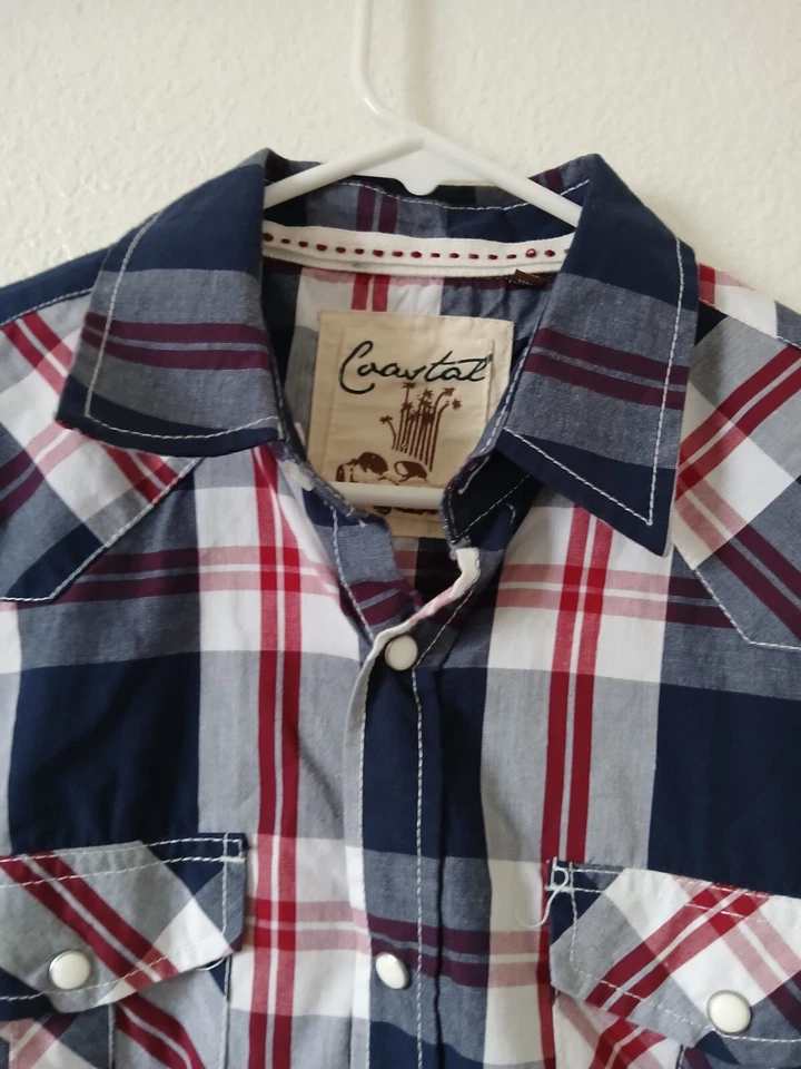 Coastal Shirt Men's Medium Blue Red Plaid Western Cowboy Tab Roll Sleeves Snap - Image 4 of 4
