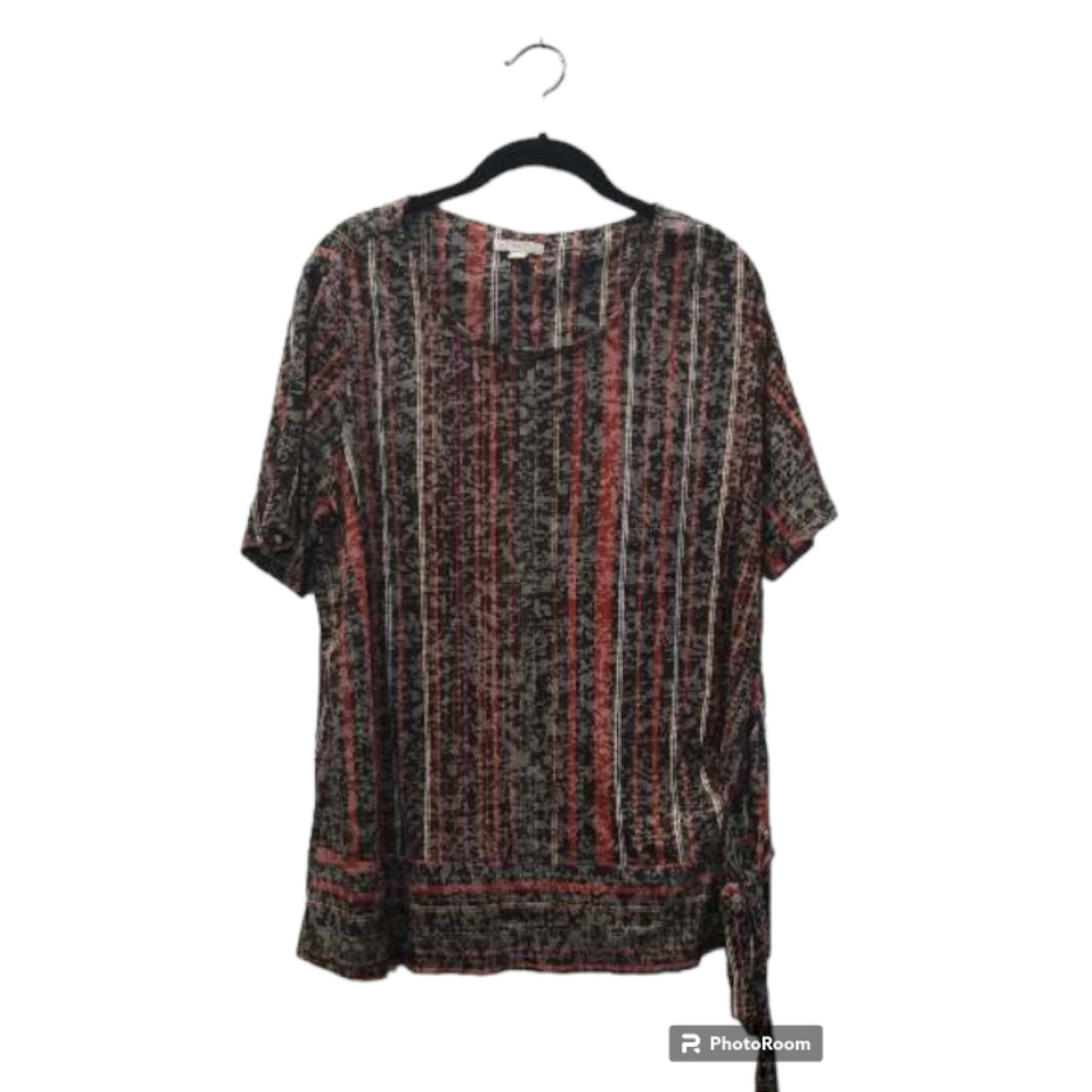 Vintage 1946 Black & Red Vertical Striped Tie-Waist Blouse-image