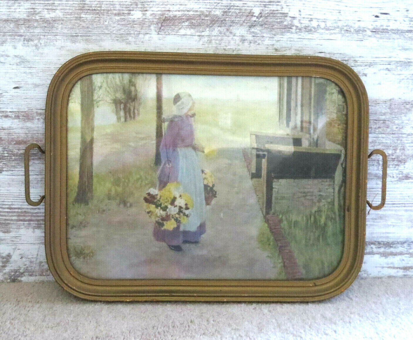 Grubby Primitive Old Wood Framed Picture Tray w Handles Dutch Woman w Flowers