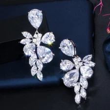 Gorgeous CZ Zirconia Wedding Chandelier Dangle Drop Earrings Silver Plated Women