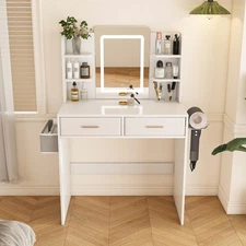 Vanity Dressing Table with LED Mirror Makeup Desk w/Storage & Hair Dryer Stand