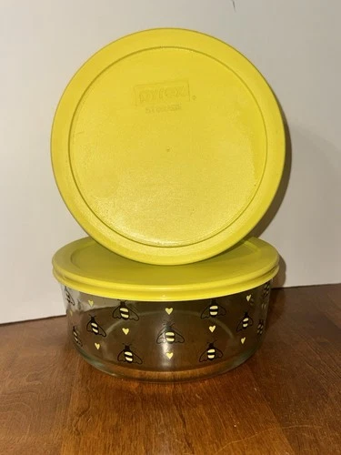 2 Pyrex 7 Cup Bee Happy Storage Bowl With Yellow Lid Honeybee Round