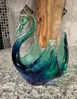 Murano~Blown Art Glass~4" Swan~Italy~Sommerso~Green-Cobalt Blue "