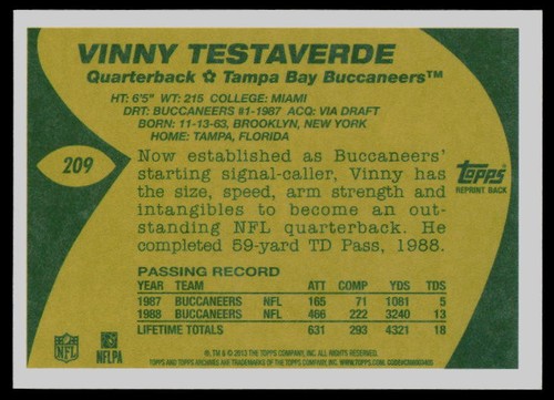 2013 Topps Archives #209 Vinny Testaverde Tampa Bay Buccaneers - Picture 2 of 2