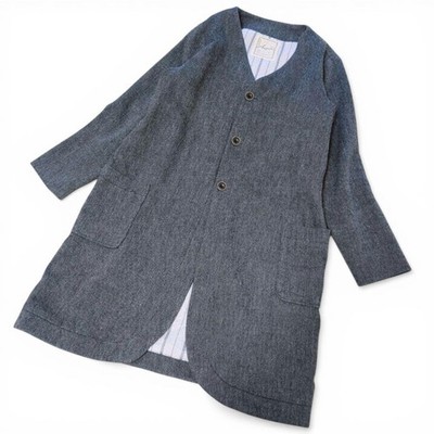 Ichi Antiquites Long Coat No Color Linen Wool Fabric Gray