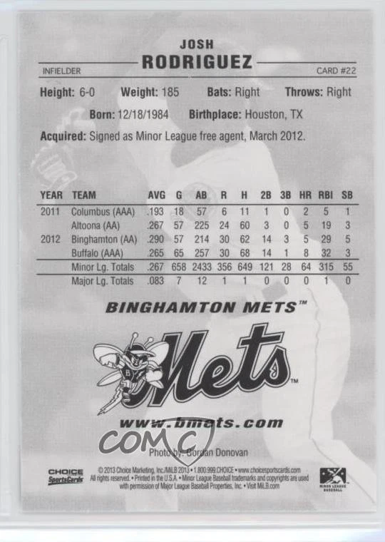 2013 Choice Binghamton Mets Josh Rodriguez #22 - Image 2 of 2