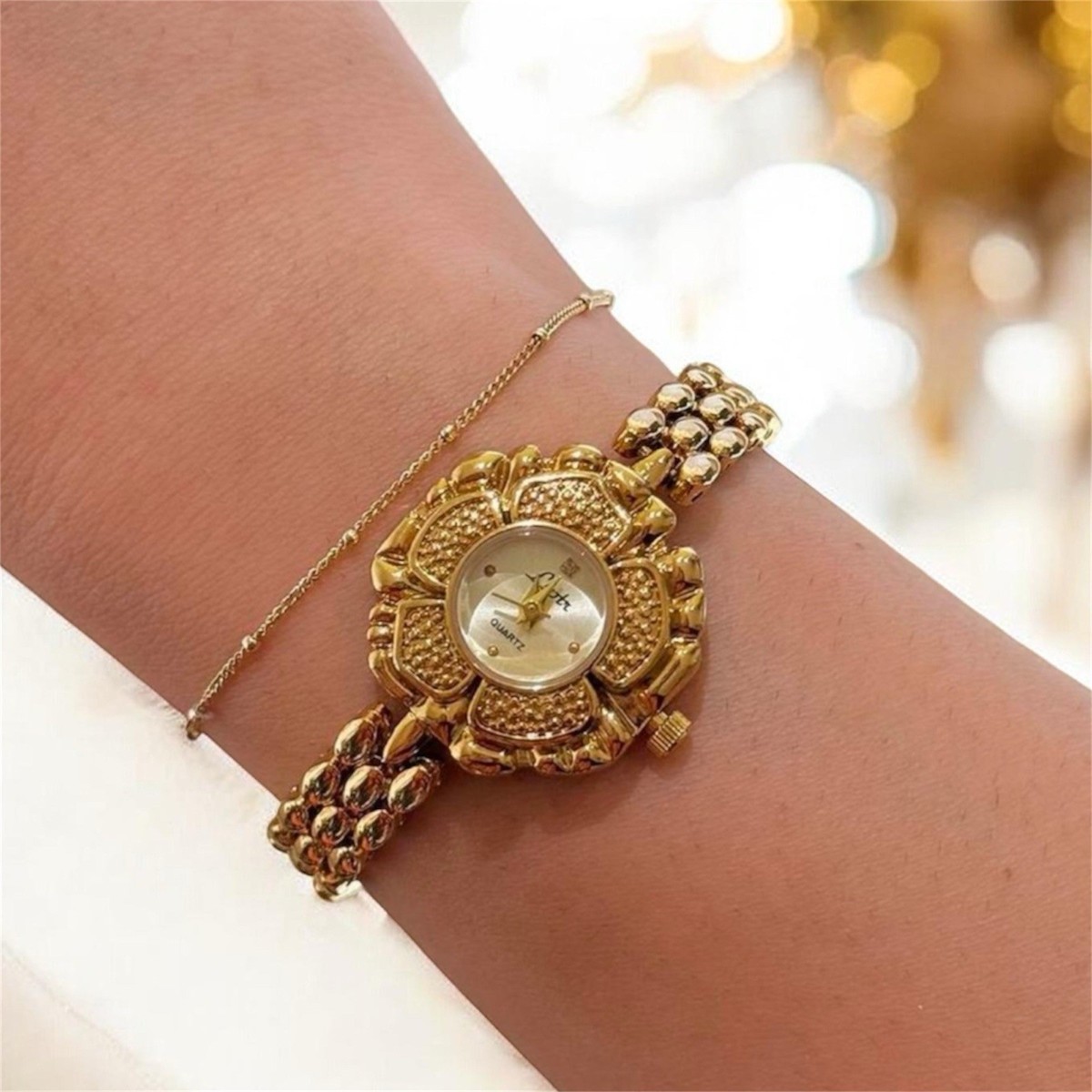 Gold Vintage Style Women’s Elegant French Inspired Camellia Flower Round Watch 1 Piece of New French-Style Retro Camellia Flower Gold Small  main image 3
