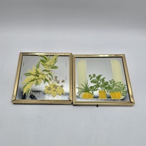 Vintage 1970s MCM Floral Botanicals Mirror Wall Art 5.25x5.25” Set of 2