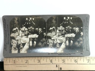 The Feast Stereoview Kellem & Chadwick Chicago 1908 Victorian Dinner Scene