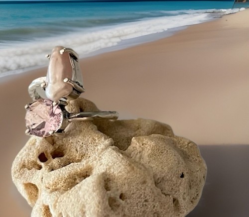 Size 7.5 Biwa Pearl & Pink Amethyst Ring -Sterling Silver plated 925 -New - Bild 3 von 5
