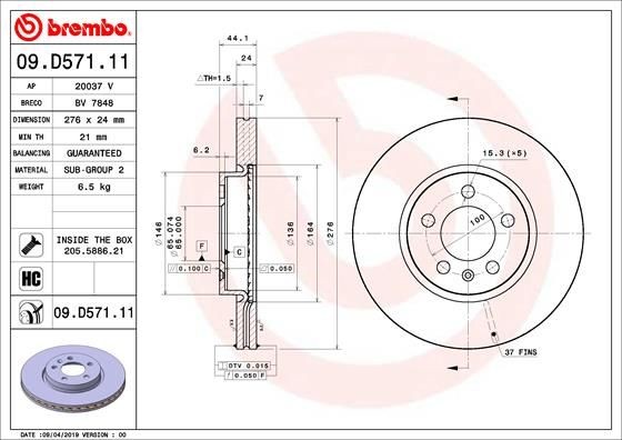 Disque de frein Brembo 09.D571.11 contre les vibrations au volant VW