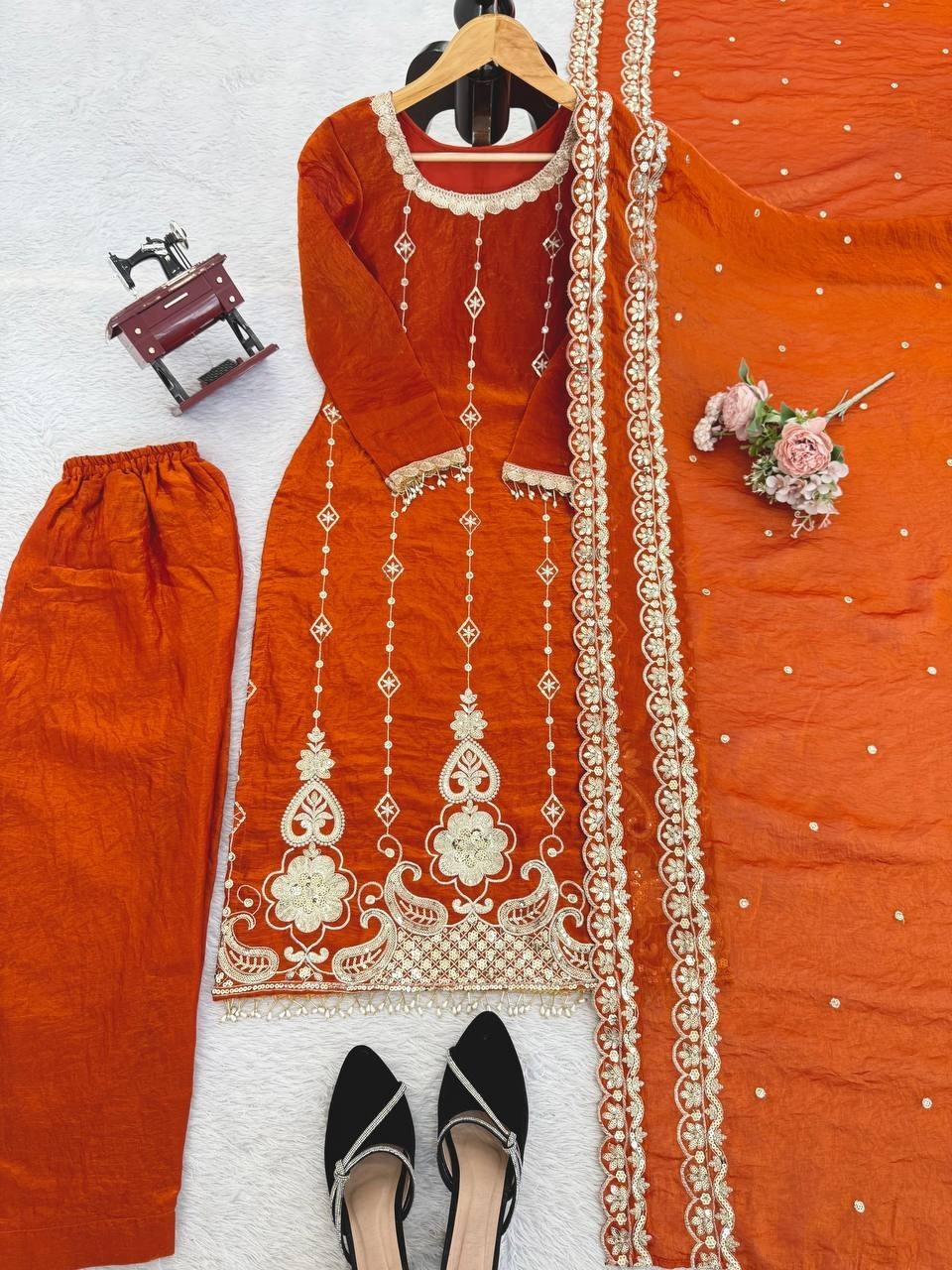 New Stylish Fendy Silk Orange Salwar Kameez With Dupatta For Function Wear thumbnail 11