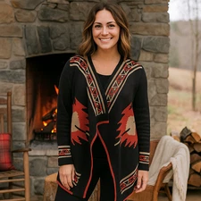 Hooked Up by IOT Sweater Women MEDIUM Cardigan Black Aztec Southwestern Boho