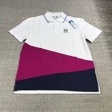 New Sergio Tacchini Polo Shirt Mens Small Racquet Purple Blue White Pique Casual