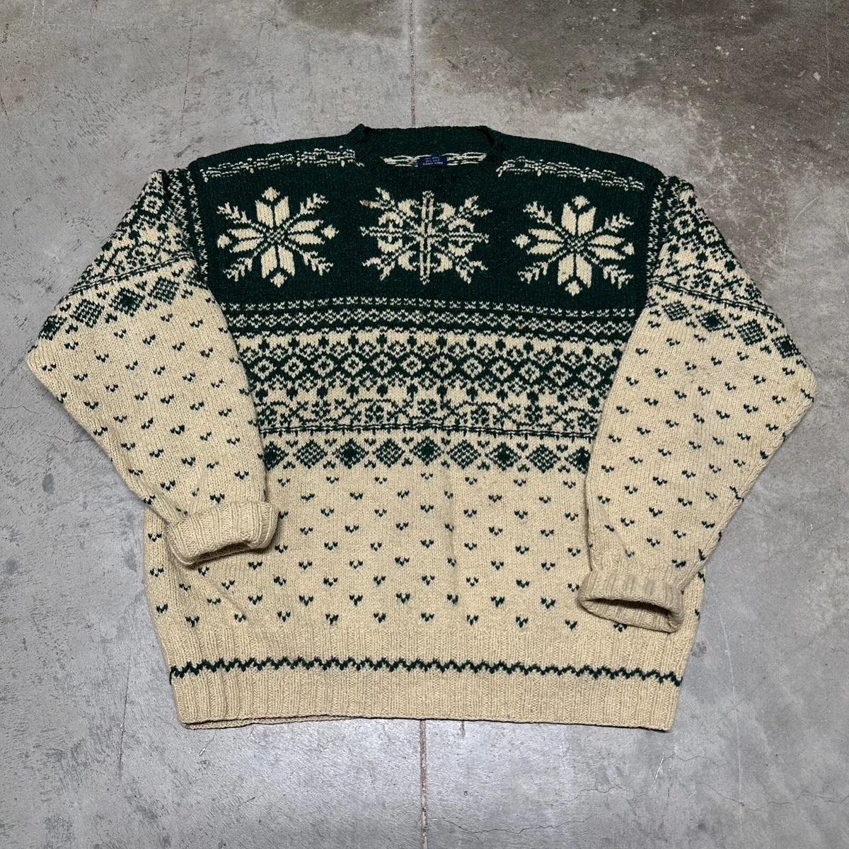 Vintage Hand Knit Silk Wool Blend Sweater Size XL Green Cream