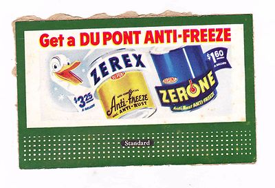 1960'S DU PONT ZEREX ANTI-FREEZE  3'' X 5'' ADVERTISING CARD