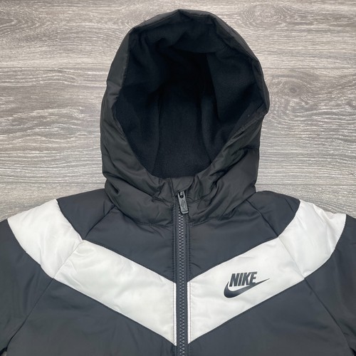 Nike Puffer Jacket Youth 7 Black White Quilted Swoosh Fleece Lined Full Zip Cozy - Picture 2 of 14