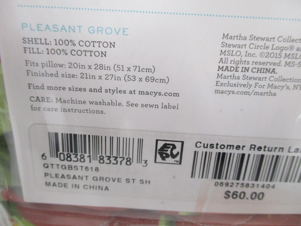 Almohada Martha Stewart Pleasant Grove falsa estándar acolchada floral rojo verde Foto 4 de 4