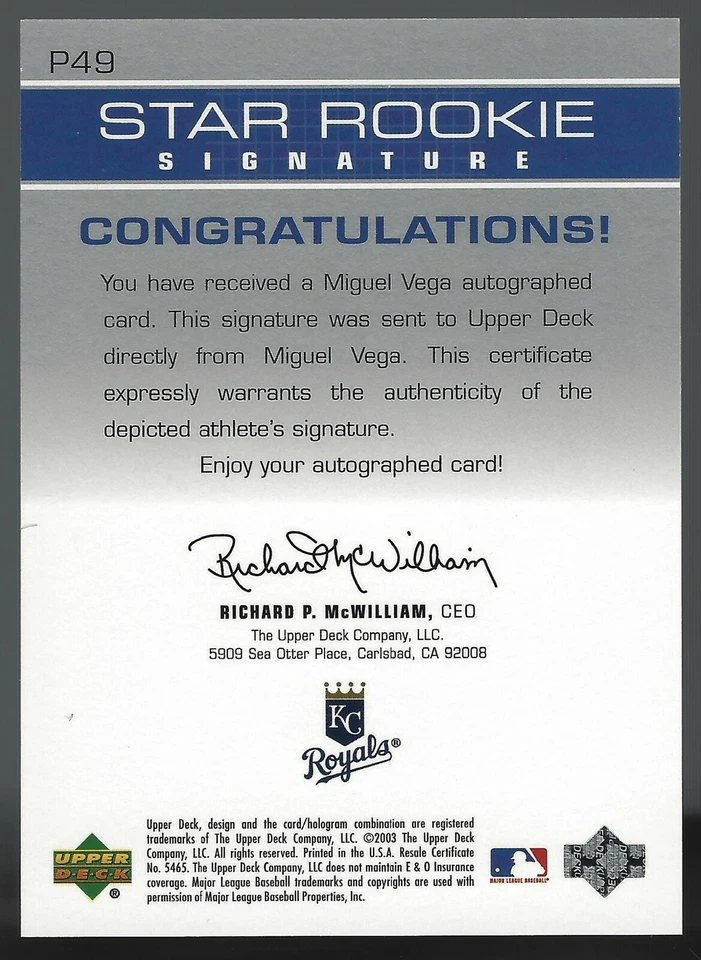 Miguel Vega 2003 Upper Deck Prospect Premieres Autographs Card# P-49 - Image 2 of 4
