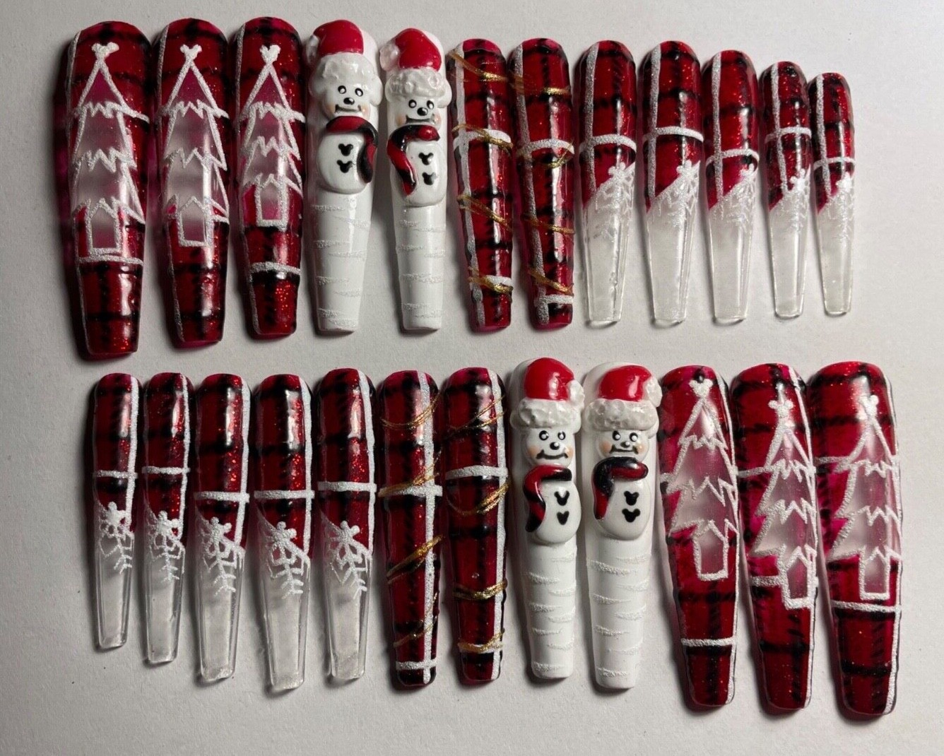 Custom 24-Pack 3XL Christmas Tree Snowman 3D Coffin Press-On Nails Red Sparkle Plaid Design-image