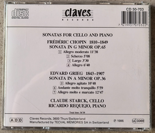 Chopin / Grieg - Cello Sonatas Claude Starck Claves 1986 CD NM - Picture 2 of 4