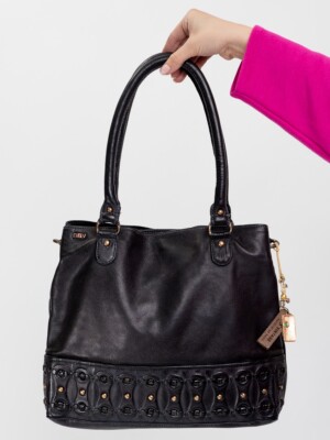 Isonza: Black leather studded shoulder tote bag by Art N Vintage