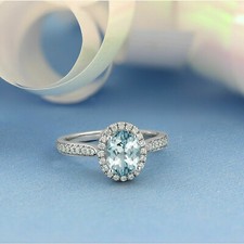 14K White Gold Finish Oval Cut Aquamarine Halo Diamond Engagement Wedding Ring