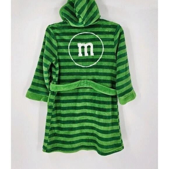 M & M's Dream in Color 儿童 M 码绿色条纹连帽柔软毛绒腰带长袍 — 第 2/4 张图片