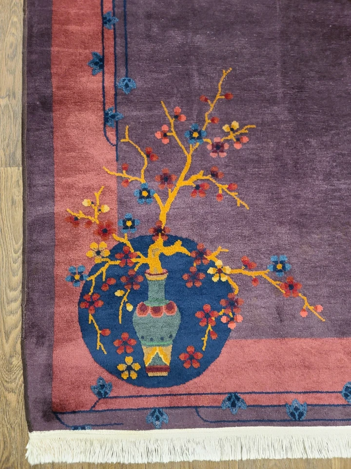 Antique handwoven art deco Chinese rug size 9x11'4" cir 1920s purple colors - Image 2 of 4