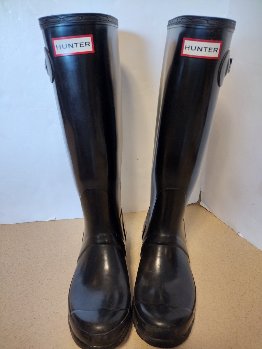 Hunter Original TALL Gloss Womens 7 BLACK Rain Boots w Knit Sock