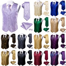 S-5XL Mens Paisley Solid Waistcoats Bowtie or Tie Hankie Cufflinks Set Wedding