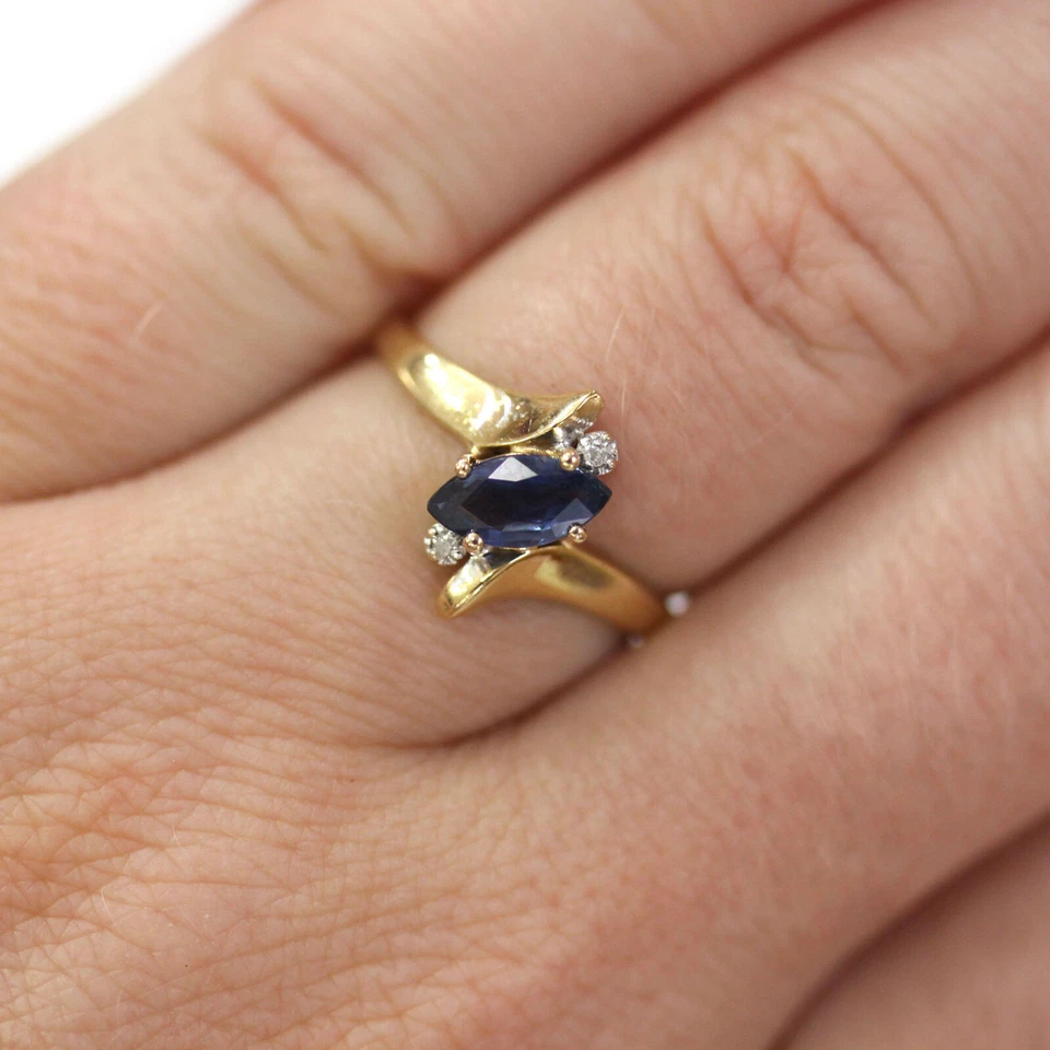 0.8 ctw Natural Blue Marquise Sapphire Diamond Solid 14k Yellow Gold Bypass Ring - Image 2 of 4