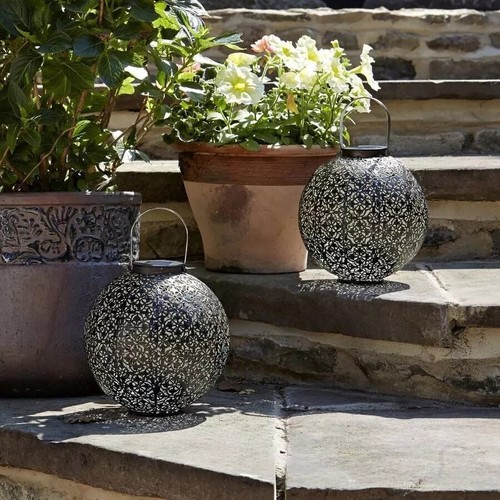 Solar LED Garden Lantern Hanging Outdoor Light Round Metal Moroccan Demasque - Picture 10 of 24
