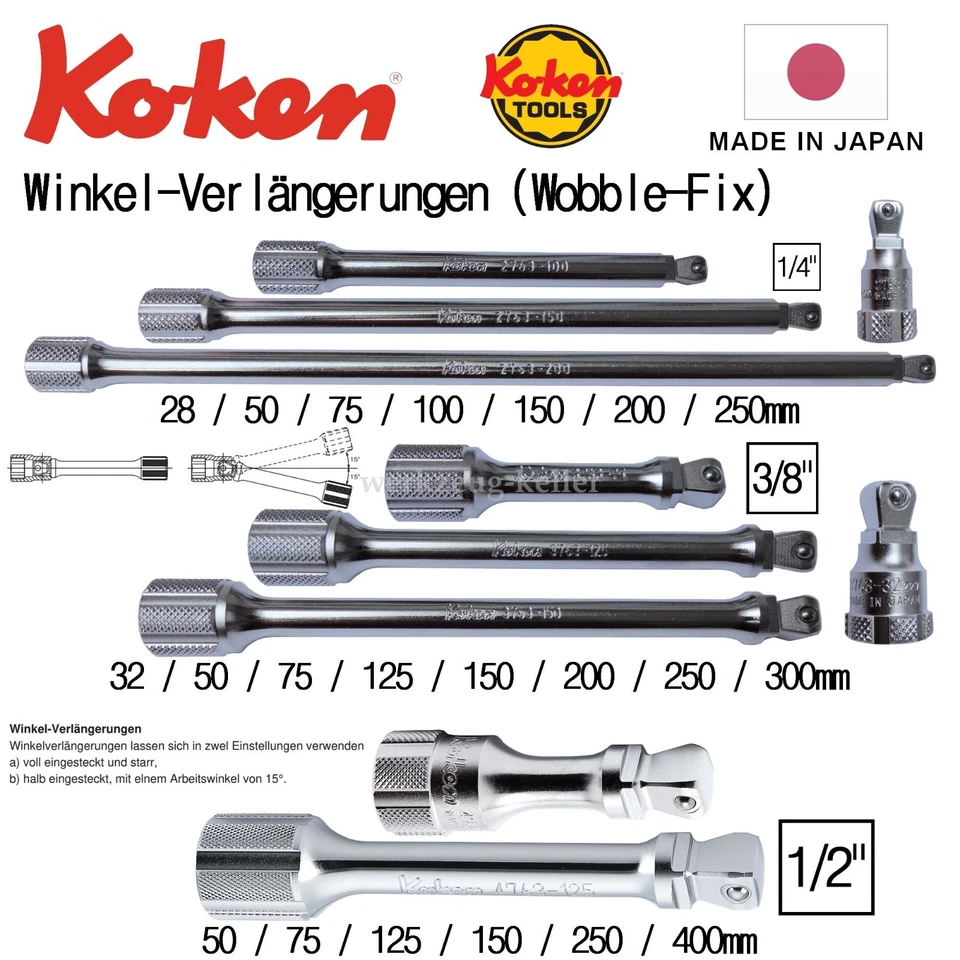 KOKEN | KO-KEN Koken Winkel-Verlängerungen 1/4" | 3/8" | 1/2" | Wobble-Fix (bis 15° Winkel)