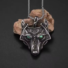 Keltisch Wolf-Kopf grün Anhänger mit Halskette Wikinger Nordland Schmuck Thor