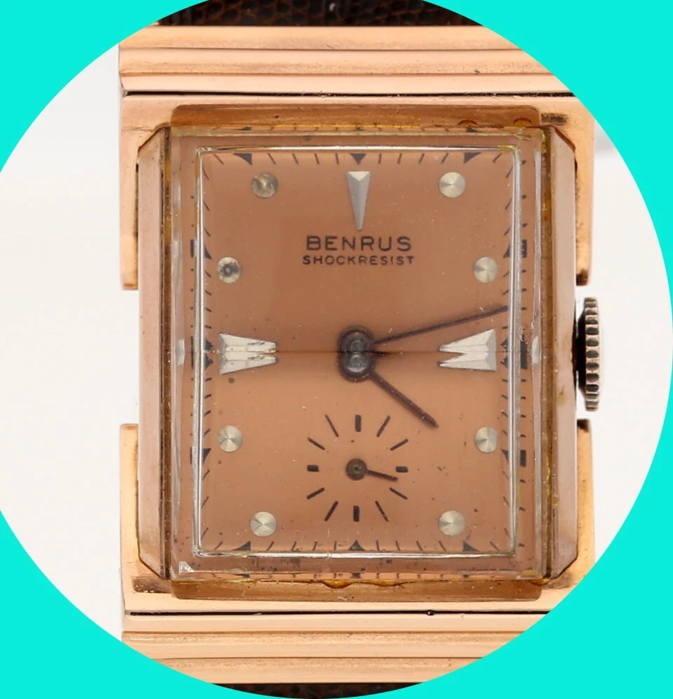 Benrus Vintage Rectangular Wristwatch in Rose Gold Tone with Brown Strap Vintage Benrus, 17 Jewels, Mechanical Hand-winding, 10k Rose  main image 4