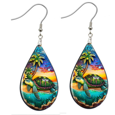 Tropical Sea Turtle Earrings NO TARNISHING Teardrop Watercolor