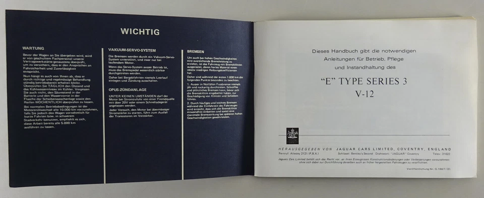 Manuale / Guida Jaguar E-Type Serie III 5,3 Litri V 12 In Tedesco Foto 2 de 4