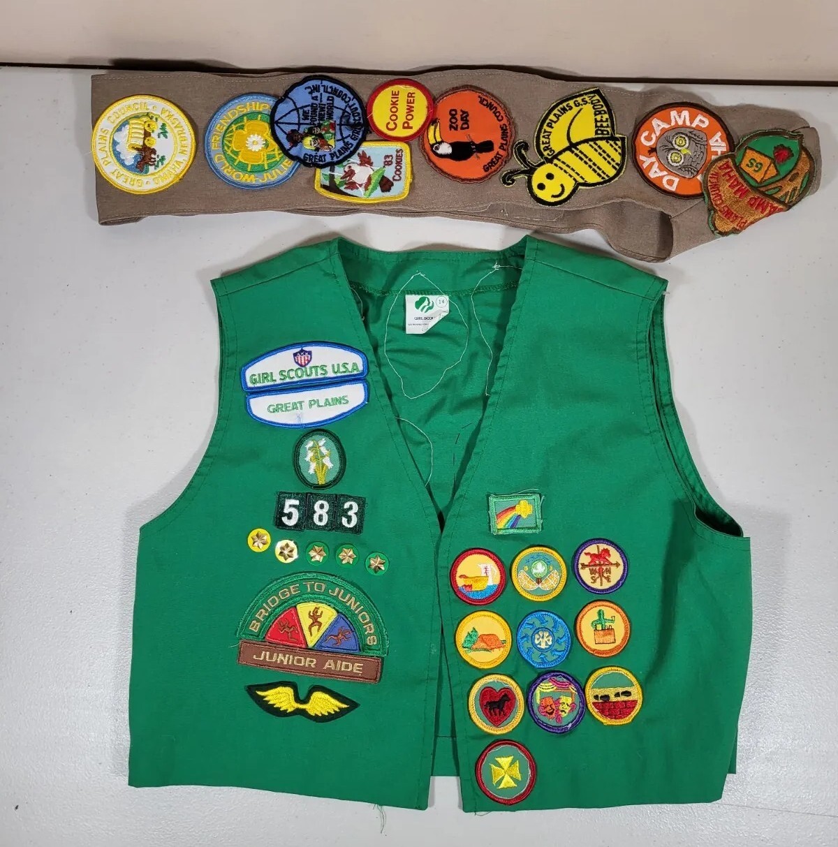 Vintage Girls Scout Vest & Sash with Lots of Patches Great Plains