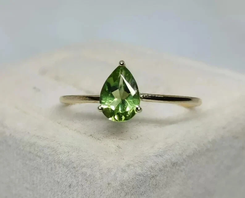 14k Yellow Gold Pear Cut Peridot Gemstone Ring Wedding Engagement Women Ring - Image 2 of 4