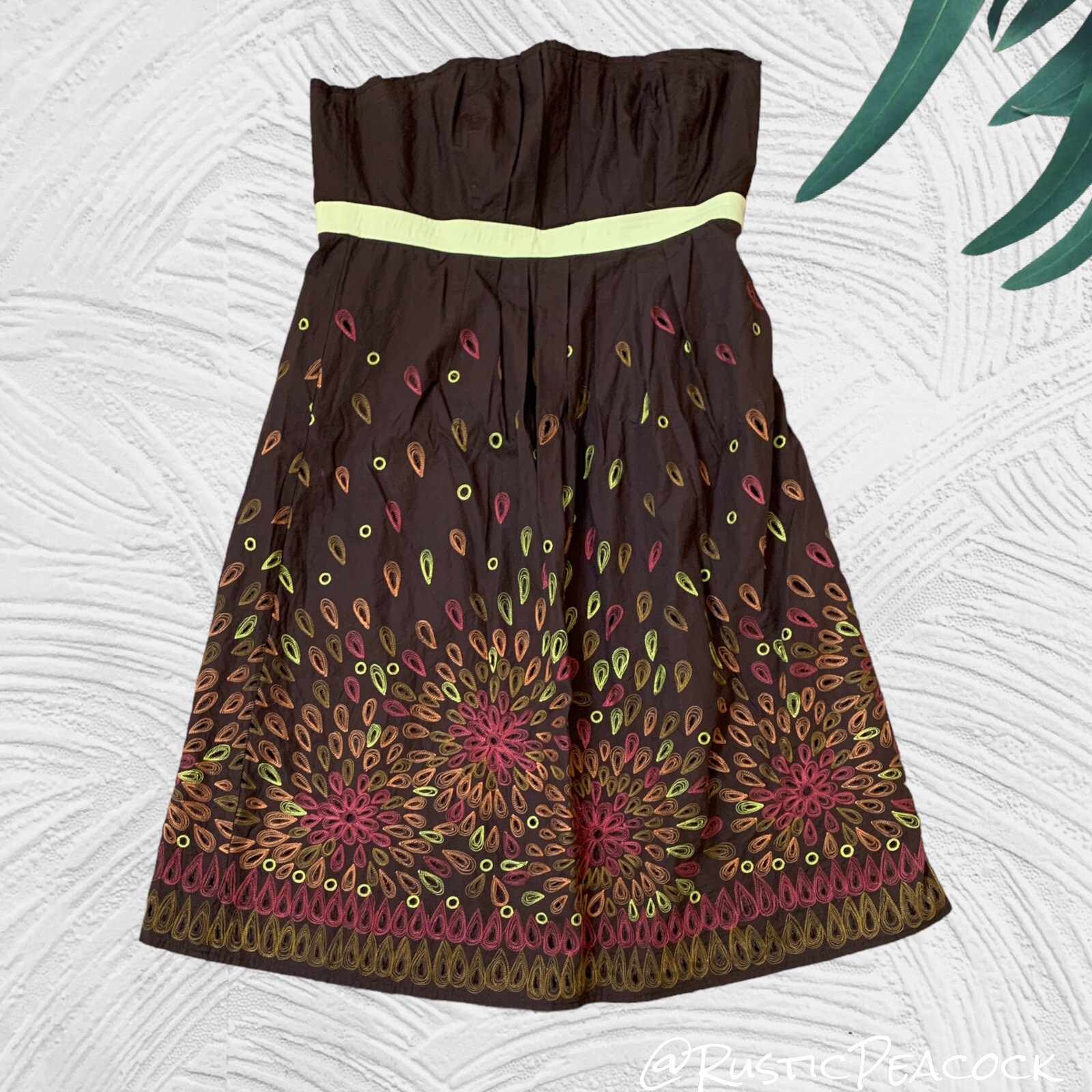 Anthropologie Tabitha Dress Womens Size 10 Brown Boho Eyelet Floral Strapless