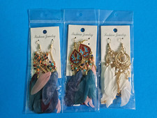 Three Pairs Of Dangle Earrings with Feathers Multicolored Boho Designs